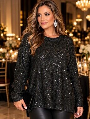 Anne Klein Womens Black Sequin Long Sleeve Tunic Sweater Large